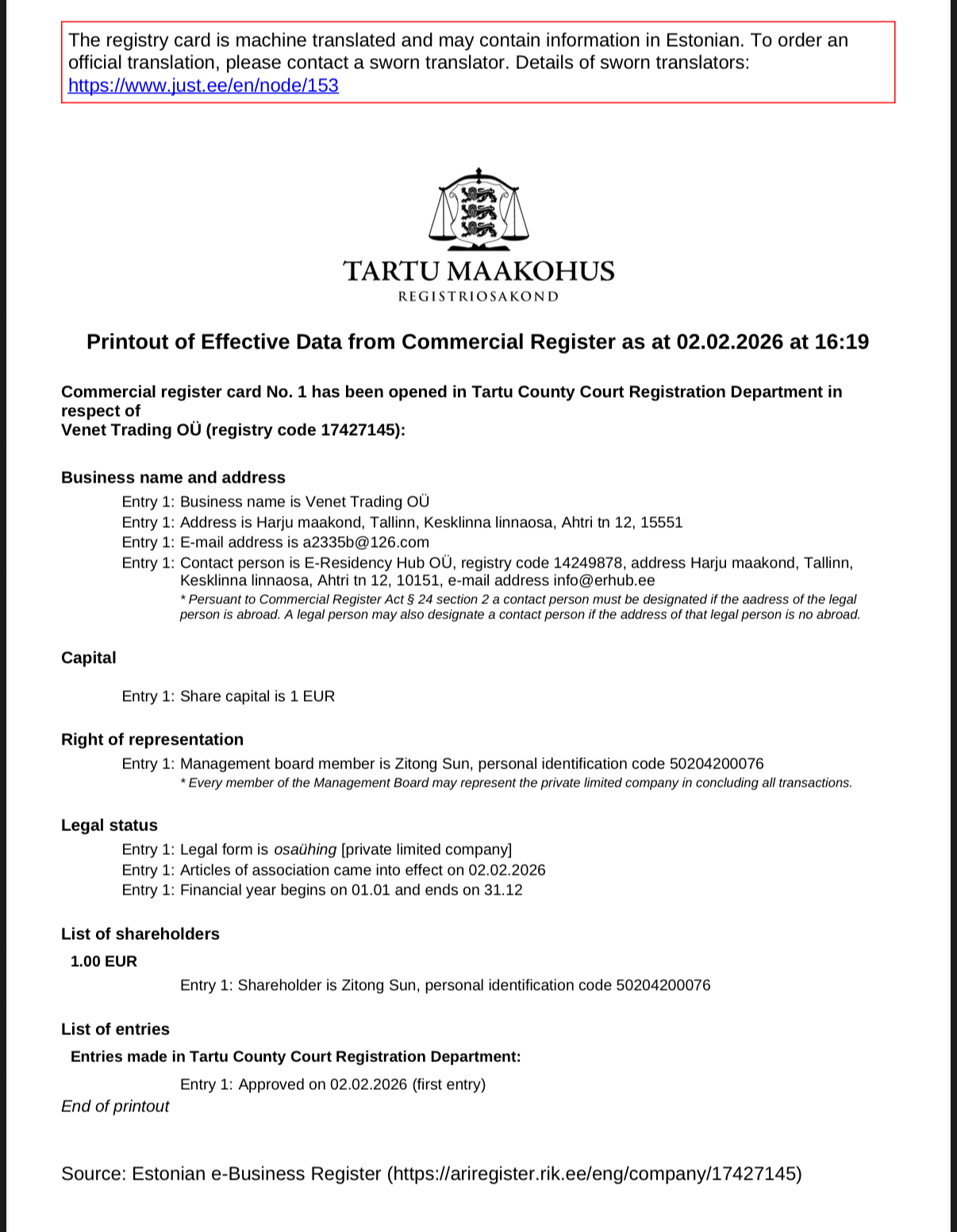 VENET TRADING OÜ Commercial Register Document